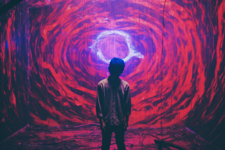 a man standing in front of a red and purple spiralの素材