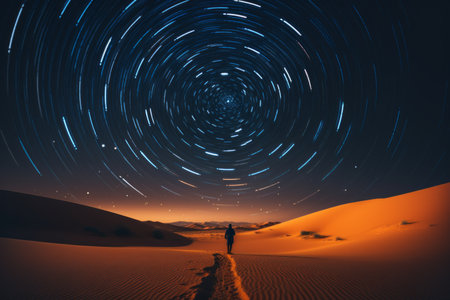a man standing in the middle of a desert at night with a star trail in the skyの素材