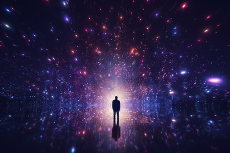 a man standing in the middle of a dark tunnel with colorful lights around himの素材