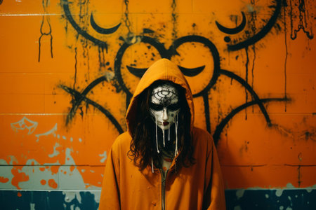 a man in an orange hoodie standing in front of a graffiti covered wallの素材