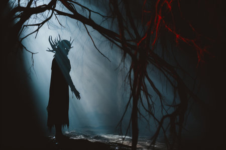 a man standing in a dark forest with a tree in the backgroundの素材