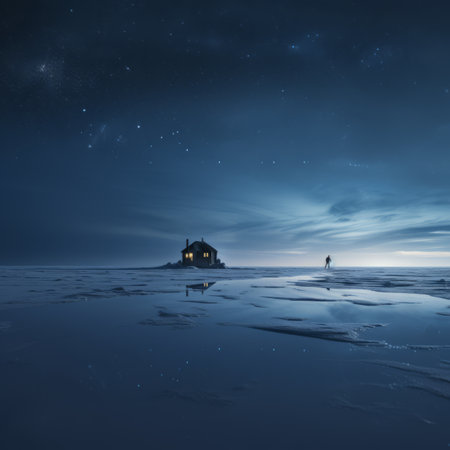 a man standing on the ice in front of a house at nightの素材
