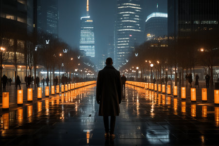 a man stands alone in the middle of a city at nightの素材