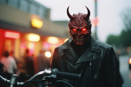 a man wearing a devil mask and leather jacket on the streetの素材