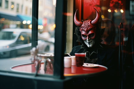 a man wearing a devil mask sitting at a tableの素材