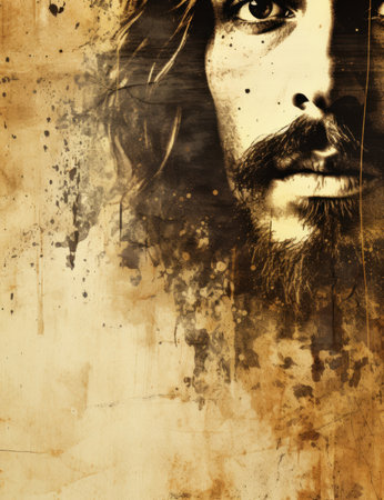 a painting of a man with long hair and beardの素材