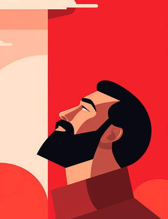 a man with a beard is looking up at the skyの素材