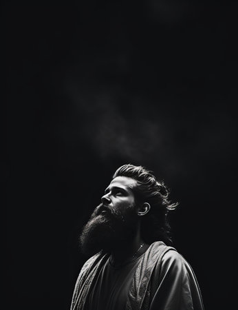 a man with a long beard standing in the darkの素材