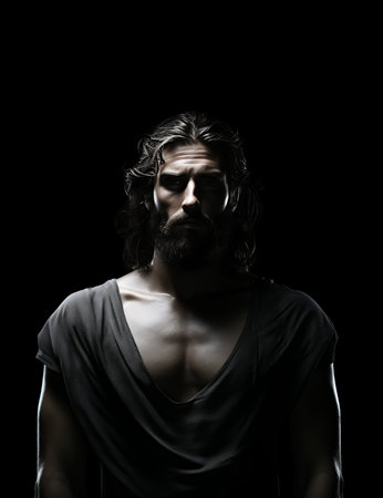 a man with long hair and beard standing in front of a black backgroundの素材