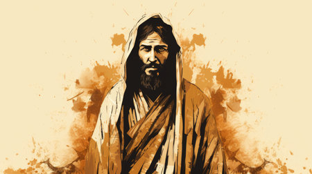 a painting of jesus standing in front of an orange backgroundの素材