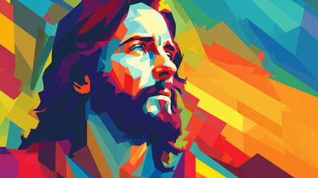 a painting of jesus with a colorful backgroundの素材