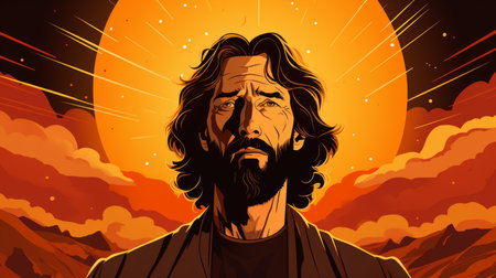 a man with long hair and beard standing in front of an orange skyの素材