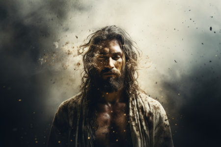 a man with long hair and beard standing in front of a dark backgroundの素材