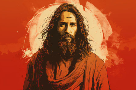a painting of jesus on an orange backgroundの素材