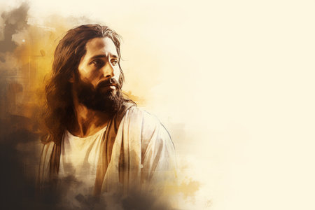 a painting of jesus standing in front of a yellow backgroundの素材