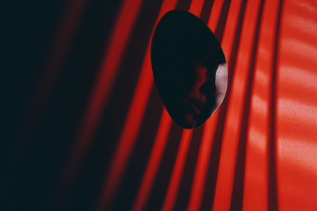 a person looking through a hole in a red curtainの素材