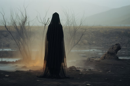 a person in a black cloak standing in front of a fireの素材