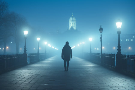 a person walking on a foggy bridge at nightの素材