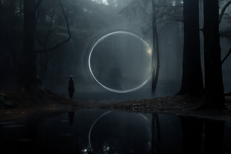 a person standing in the middle of a dark forest with a circle in the middleの素材