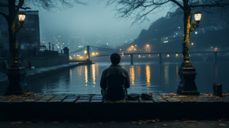 a person sitting on the edge of a river at nightの素材