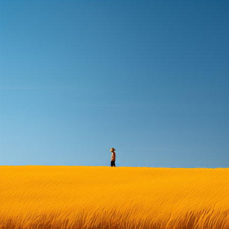 a person standing alone in a field of yellow grassの素材