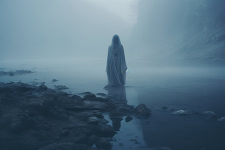 a person standing in the middle of a river in the fogの素材