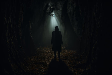 a person standing in the middle of a dark forestの素材