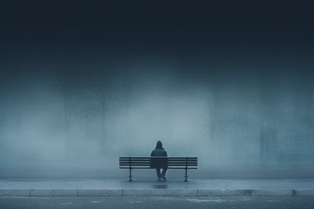 a person sitting on a bench in a foggy parkの素材