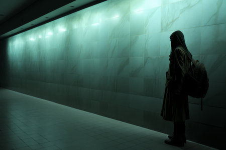 a person standing in a dark hallway with a backpackの素材