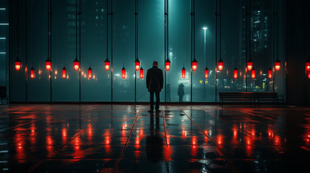 a person standing in front of red lights in a dark roomの素材