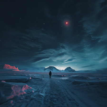 a person walking in the snow at night with a red sky in the backgroundの素材