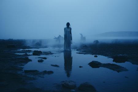 a person standing in the water with fog in the backgroundの素材