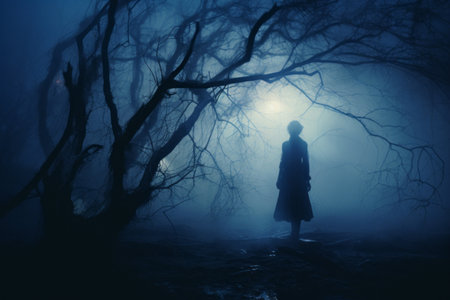 a person standing in a dark forest at nightの素材