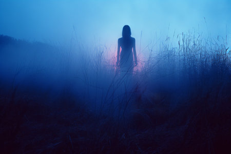 a person standing in the middle of a field at nightの素材