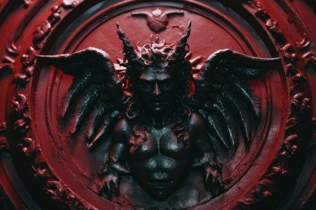 a red and black statue of a demon with horns on its headの素材