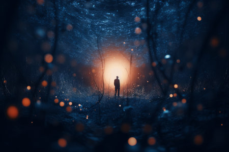 a person standing in the middle of a dark forest at nightの素材