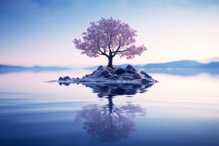 a pink tree on an island in the middle of a lakeの素材