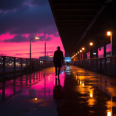 a person walking on a walkway at duskの素材