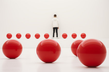 a person standing in front of red balls in an empty roomの素材