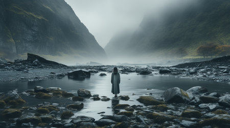 a person standing in the middle of a riverの素材