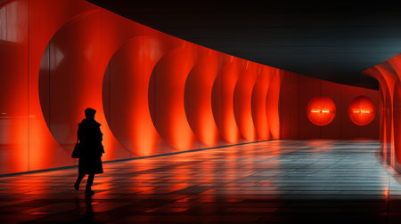 a person walking down a hallway with red lightsの素材
