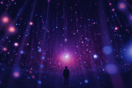 a person standing in the middle of a field of lightsの素材