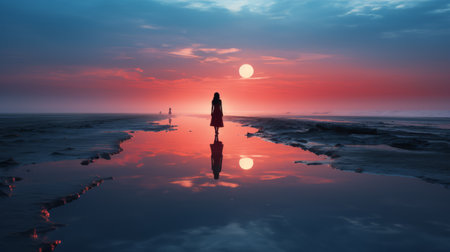 a person standing on the beach at sunset with the sun in the backgroundの素材
