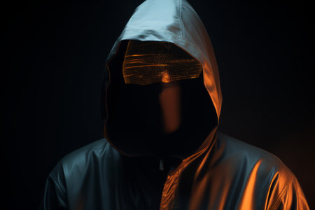 a person wearing a hooded jacket in a dark roomの素材