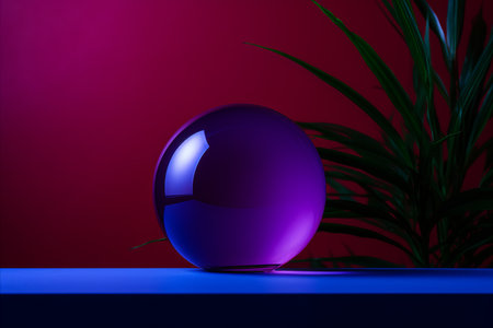 a purple glass ball sitting on a tableの素材