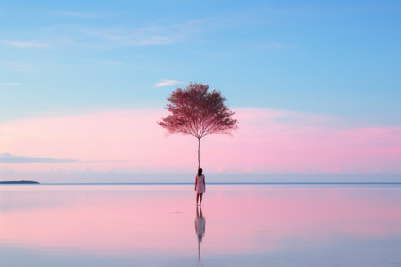 a person standing on top of a tree in the middle of a lakeの素材