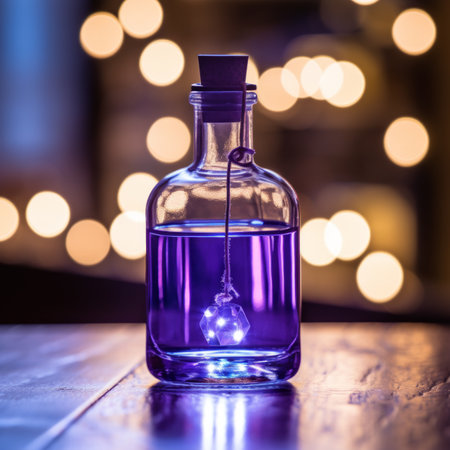 a purple liquid is sitting in a glass bottle on a wooden tableの素材
