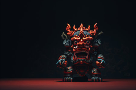 a red and black statue of a demon on a dark backgroundの素材