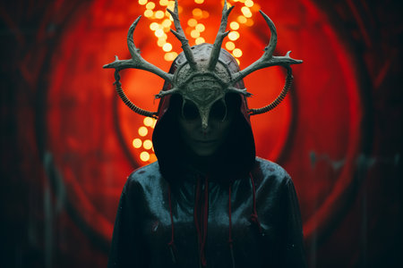 a person wearing a deer head mask in front of a red lightの素材