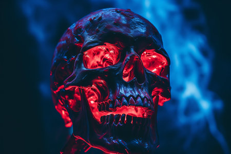 a red and blue skull with glowing eyesの素材